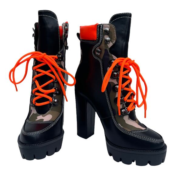 Azalea Wang Camouflage Black Lace Up Block Heeled Platform Boots Size 8 New - Picture 6 of 7